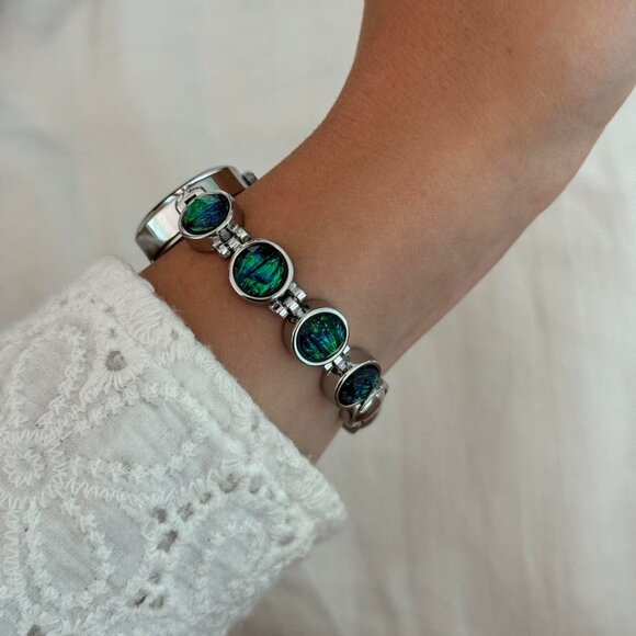 SKU:0009 silver watch bracelet with Green and blue chameleon stones+ in gift bag main image 8